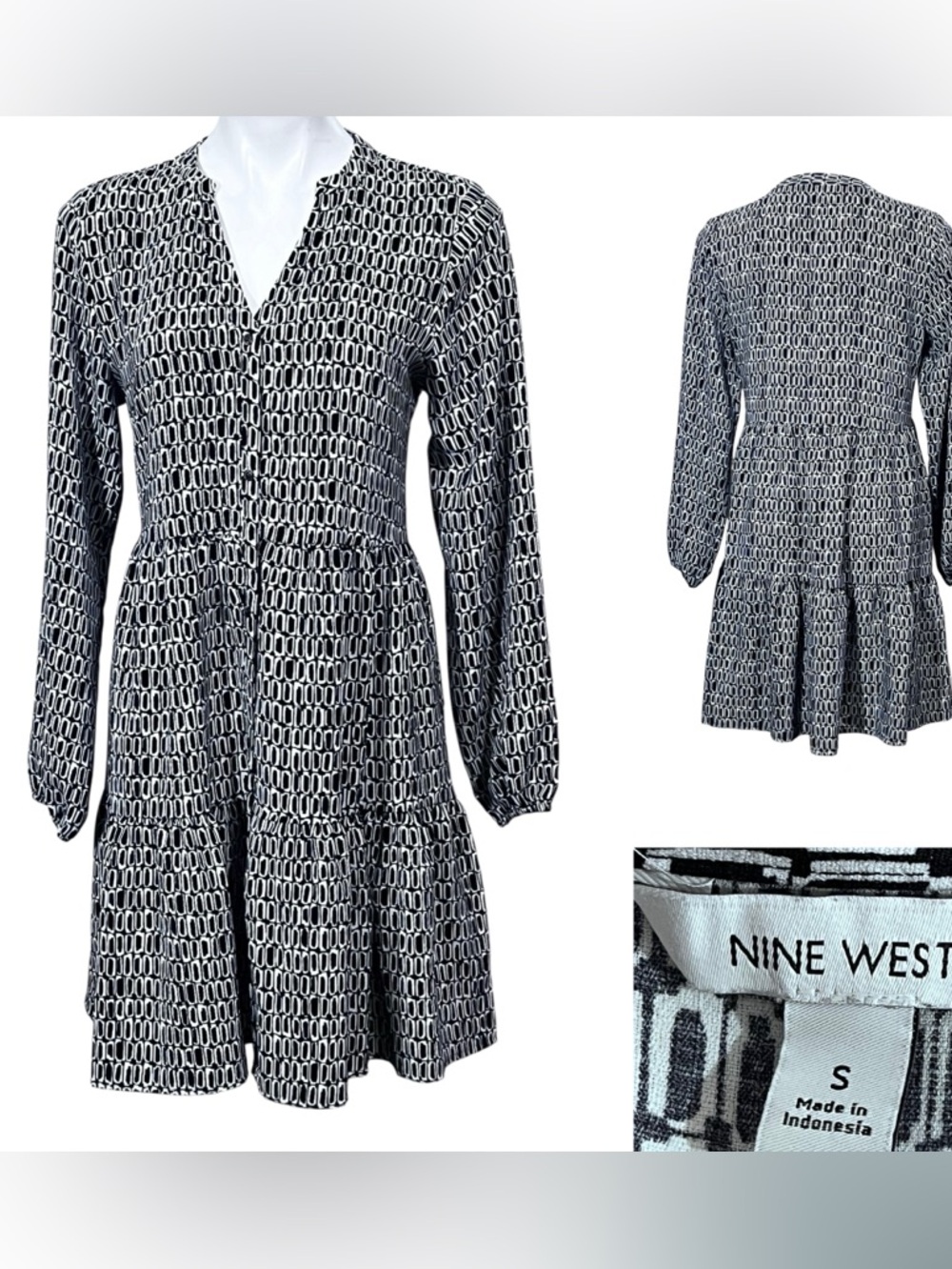 Nine West dress sz Sm Black/White monochrome‎ Geometric Tiered Long-Sleeve